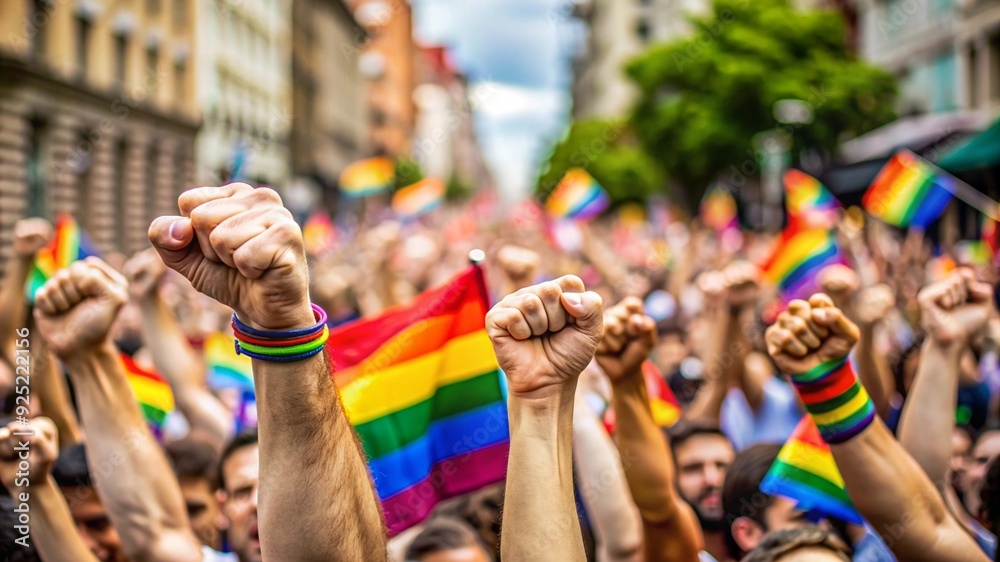 close up pride fists hands of crowd of people on street close up pride fists hands of crowd of people on street