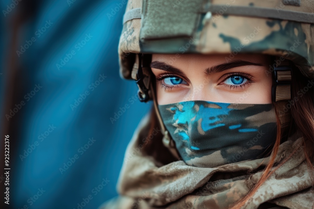 Close-up of female soldier with intense blue eyes wearing camouflage Close-up of female soldier with intense blue eyes wearing camouflage