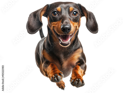 A happy dachshund dog jumping joyfully, showcasing playful energy and adorable features with a cheerful expression.