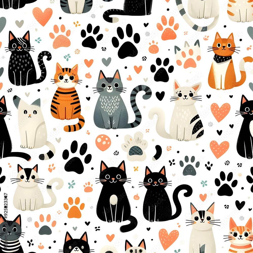Seamless Pattern of Cute Cats with Paw Prints and Hearts Seamless Pattern of Cute Cats with Paw Prints and Hearts