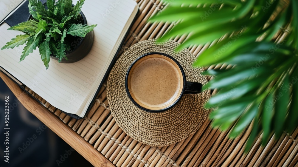 Cozy Coffee Corner: Flat Lay with Recycled Notebook, Handcrafted Coaster & Plant Cozy Coffee Corner: Flat Lay with Recycled Notebook, Handcrafted Coaster & Plant