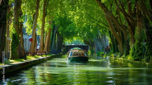 Boat cruise on the saint martin canal beneath the trees photo