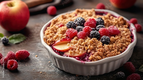 fruity twist on the traditional recipe, combining tart apples with mixed berries for a colorful and flavorful crumble topping