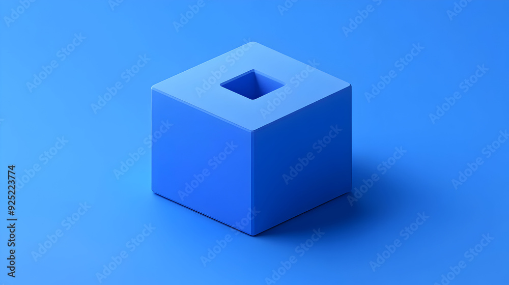 A blue cube with a square hole on top, set against a matching blue background. A blue cube with a square hole on top, set against a matching blue background.