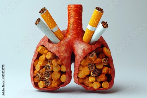 Rotten human lungs with cigarettes sticking out, placed against a pure white background. Professional shot illustrating the severe impact of smoking on lung health.