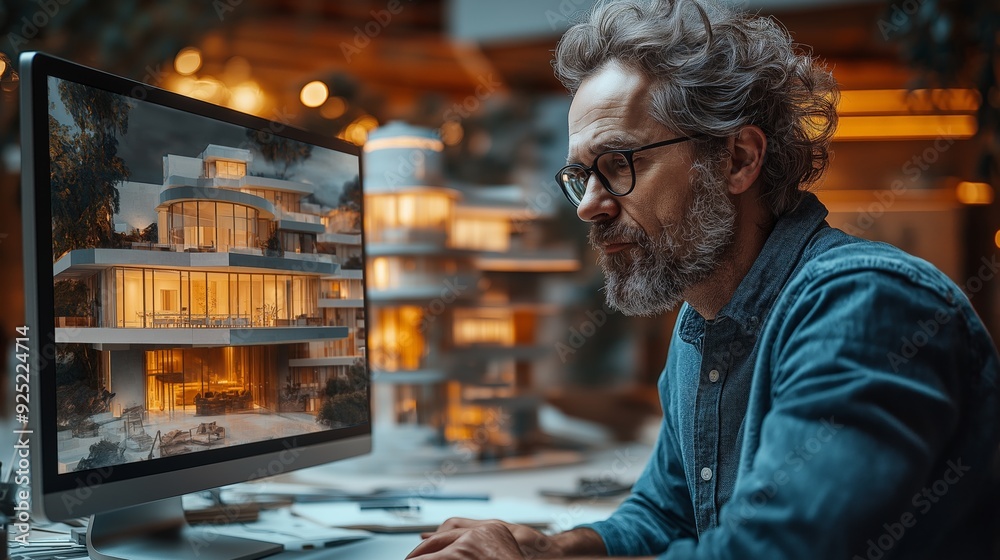 Experienced Architect Designing a Modern Building on a Computer, Surrounded by Architectural Models in a Warm, Ambient Office Setting Experienced Architect Designing a Modern Building on a Computer, Surrounded by Architectural Models in a Warm, Ambient Office Setting