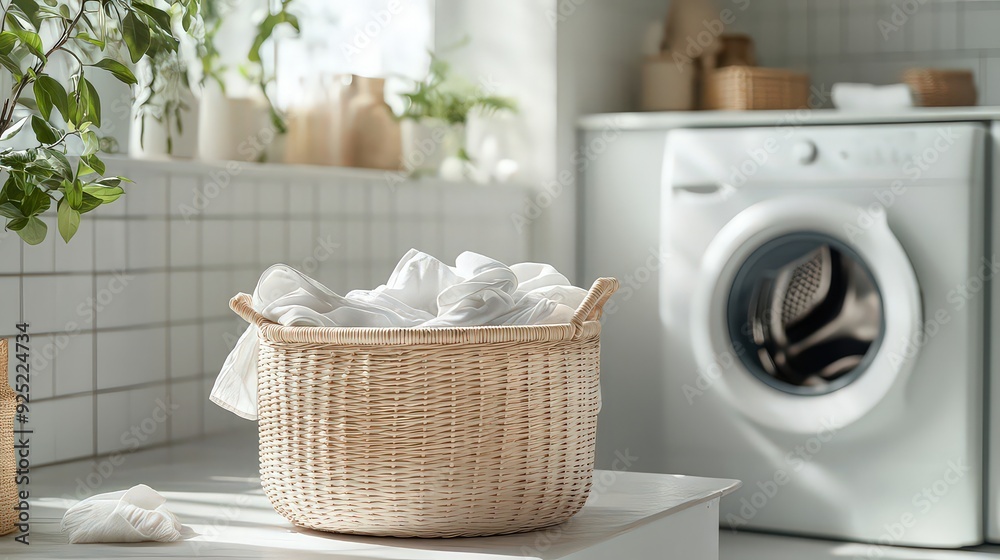 stylish and practical laundry basket placed in the washer room, used for transporting dirty clothes to the washing machine and organizing them before washing stylish and practical laundry basket placed in the washer room, used for transporting dirty clothes to the washing machine and organizing them before washing