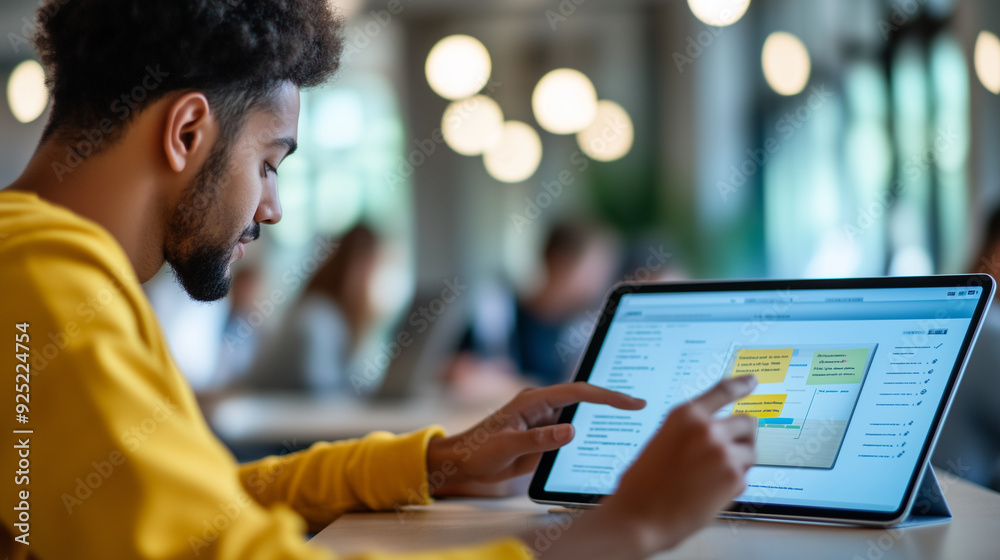 Student using a tablet during an online class, with a virtual classroom visible on the screen and educational materials displayed, illustrating the role of technology in modern edu Student using a tablet during an online class, with a virtual classroom visible on the screen and educational materials displayed, illustrating the role of technology in modern edu