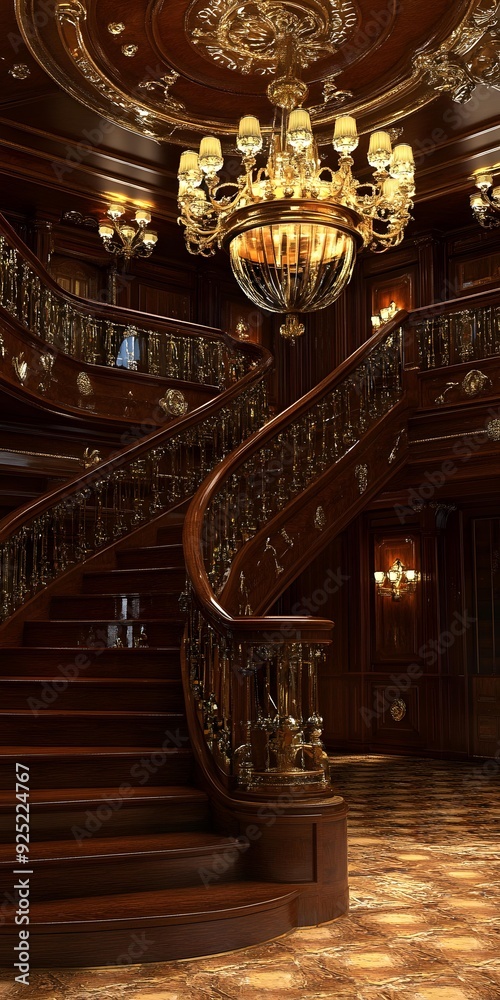 Obraz premium Grand Staircase with Chandelier in Luxury Mansion Interior