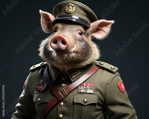 Dressed in uniform, the boar/ pig is ready to go to the war.