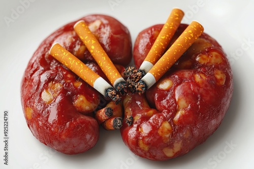 Rotten human spleen with cigarettes sticking out, placed against a pure white background. Professional shot demonstrating the adverse effects of smoking on spleen health.