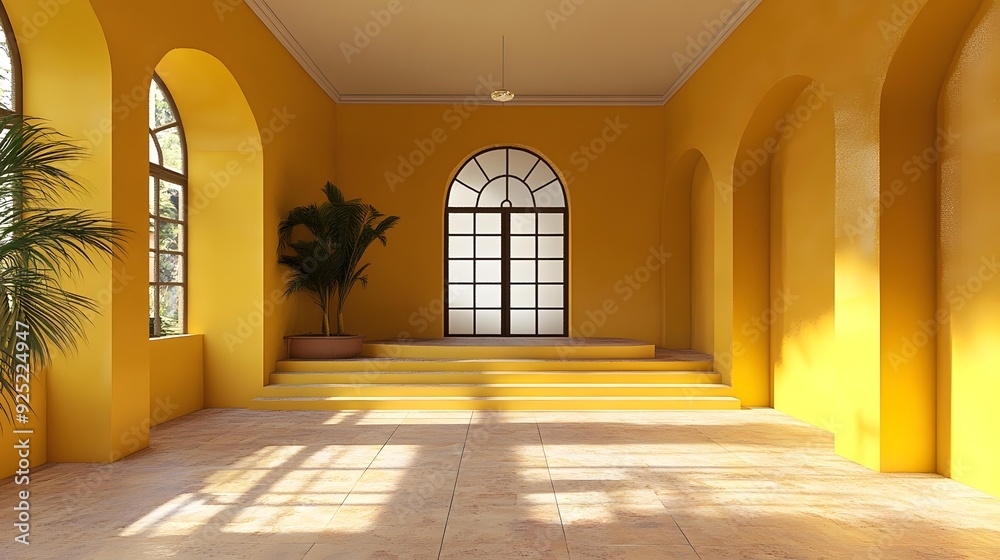 Yellow Room With Arched Windows and Palm Trees Yellow Room With Arched Windows and Palm Trees