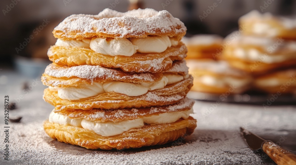 A stack of cream-filled pastries, with powdered sugar delicately covering their golden crusts A stack of cream-filled pastries, with powdered sugar delicately covering their golden crusts