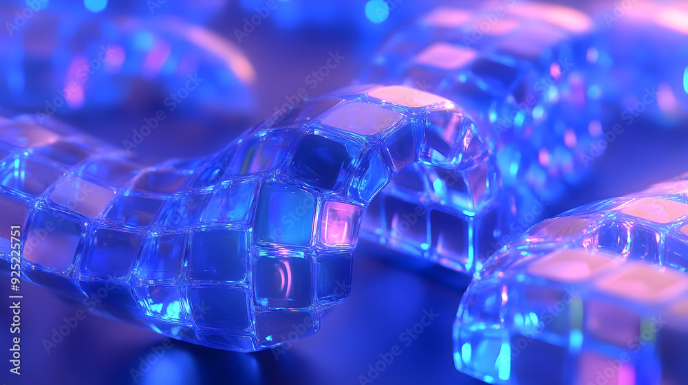 A close-up of a fluid, wavy structure made of translucent cubes illuminated with blue and pink light. A close-up of a fluid, wavy structure made of translucent cubes illuminated with blue and pink light.