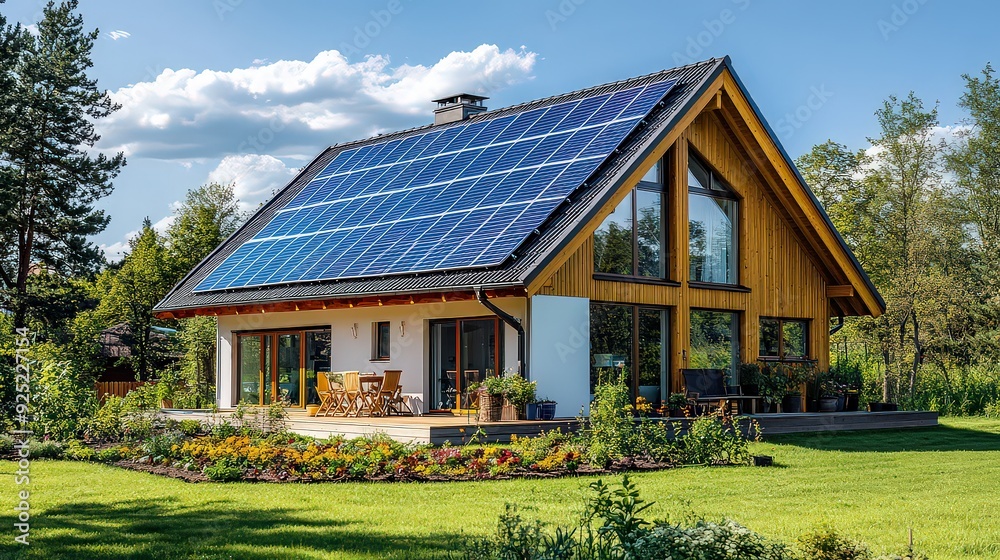 Modern house with solar panels surrounded by a green garden. Modern house with solar panels surrounded by a green garden.