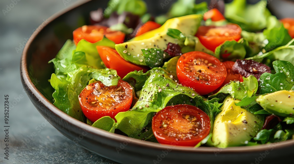 vibrant, healthy salad with mixed greens, avocado, cherry tomatoes, and a light vinaigrette dressing vibrant, healthy salad with mixed greens, avocado, cherry tomatoes, and a light vinaigrette dressing