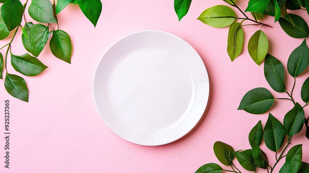 A stylish flat lay with a white plate on a pink background, highlighted by green leaves for a fresh, modern look A stylish flat lay with a white plate on a pink background, highlighted by green leaves for a fresh, modern look