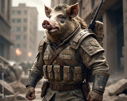 Dressed in a soldier's uniform, adult boar / pig is fighting in a war.