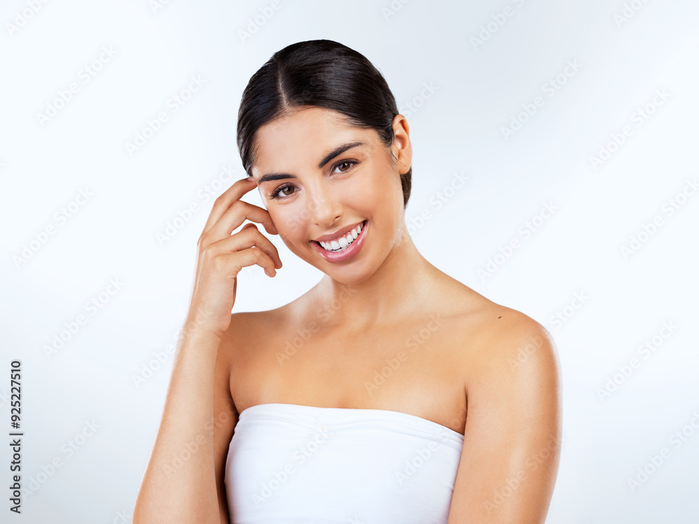 Studio, skincare and portrait of woman, wellness and smooth with treatment of skin, anti aging and results. Blue background, confident and shine of face with cosmetics, beauty and model in space Studio, skincare and portrait of woman, wellness and smooth with treatment of skin, anti aging and results. Blue background, confident and shine of face with cosmetics, beauty and model in space