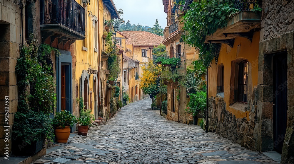 Obraz premium charming historic town with cobblestone streets, old buildings, and a central plaza