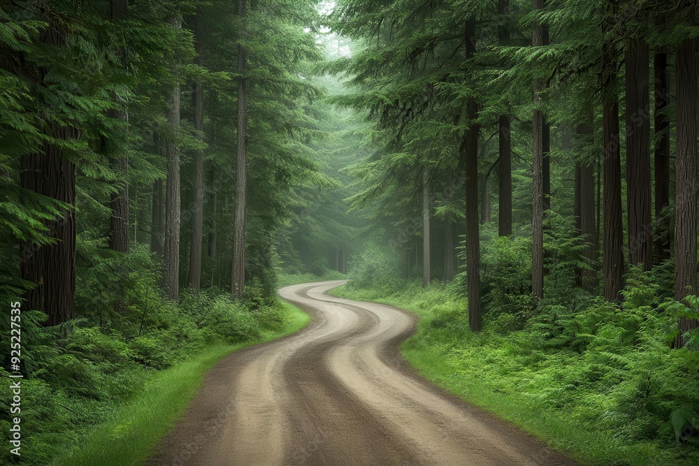 Dirt road winding through pine forest, rugged and wild