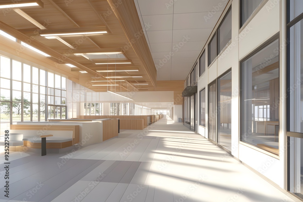 Modern Office Hallway with Wooden Ceiling and Large Windows Modern Office Hallway with Wooden Ceiling and Large Windows