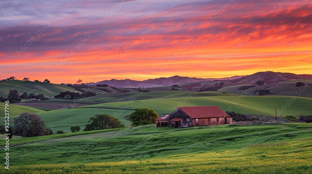 Twilight rural landscape with warm amber light over rolling hills and a quaint farmhouse. Twilight rural landscape with warm amber light over rolling hills and a quaint farmhouse.