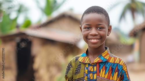 A young boy wearing a colorful shirt smiles warmly outside in a village, showcasing his innocence and joyful spirit in a rural setting. photo