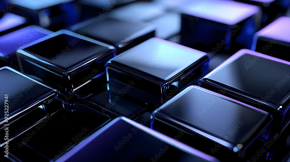 A close-up of glossy black and blue cubes arranged in a grid pattern. A close-up of glossy black and blue cubes arranged in a grid pattern.