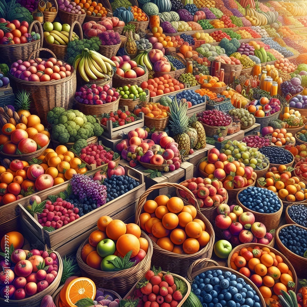 Abundance of Fresh Fruits and Berries at a Market Stall Abundance of Fresh Fruits and Berries at a Market Stall