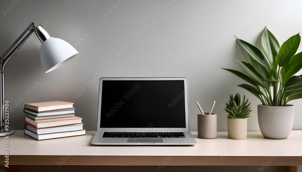 Modern Home Desk Work Place, With Laptop, Desk lamp and plant, Background concept. Modern Home Desk Work Place, With Laptop, Desk lamp and plant, Background concept.