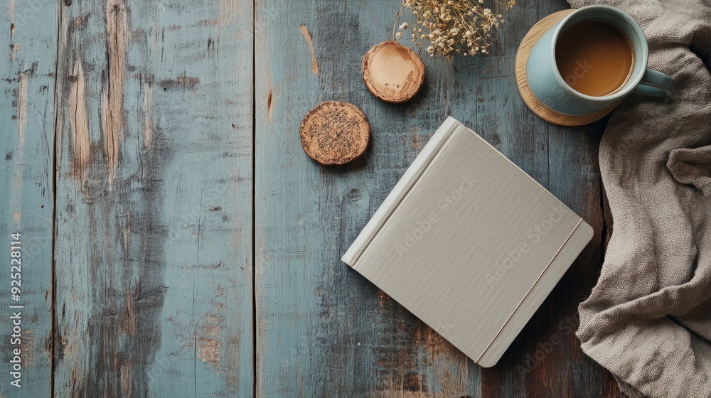 Rustic Coffee Break: Flat Lay with Notebook, Coffee Mug, and Handcrafted Details Rustic Coffee Break: Flat Lay with Notebook, Coffee Mug, and Handcrafted Details