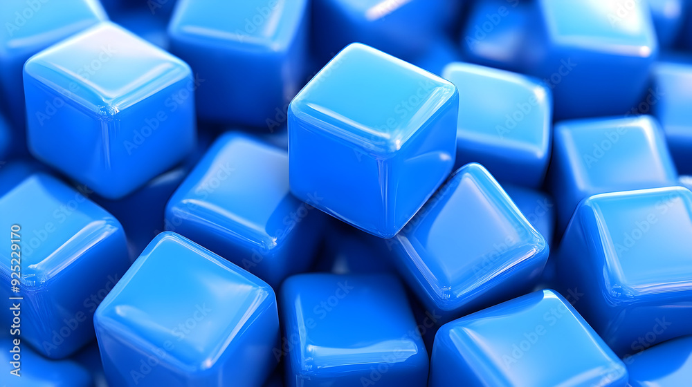 A close-up of shiny blue cubes scattered across a surface. A close-up of shiny blue cubes scattered across a surface.