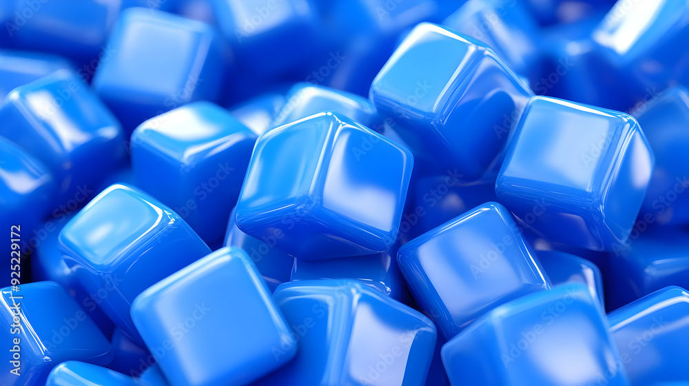 A close-up of shiny blue cubes scattered together. A close-up of shiny blue cubes scattered together.