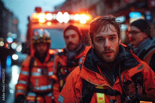 Emergency workers in orange jackets respond to a night-time incident, demonstrating teamwork and readiness amidst the illuminated urban background filled with urgency. photo