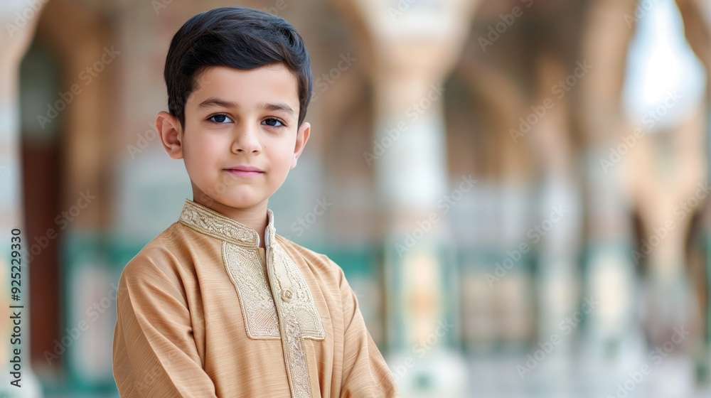 A young boy in elegant traditional clothing stands confidently in a cultural heritage site, radiating heritage and pride. A young boy in elegant traditional clothing stands confidently in a cultural heritage site, radiating heritage and pride.