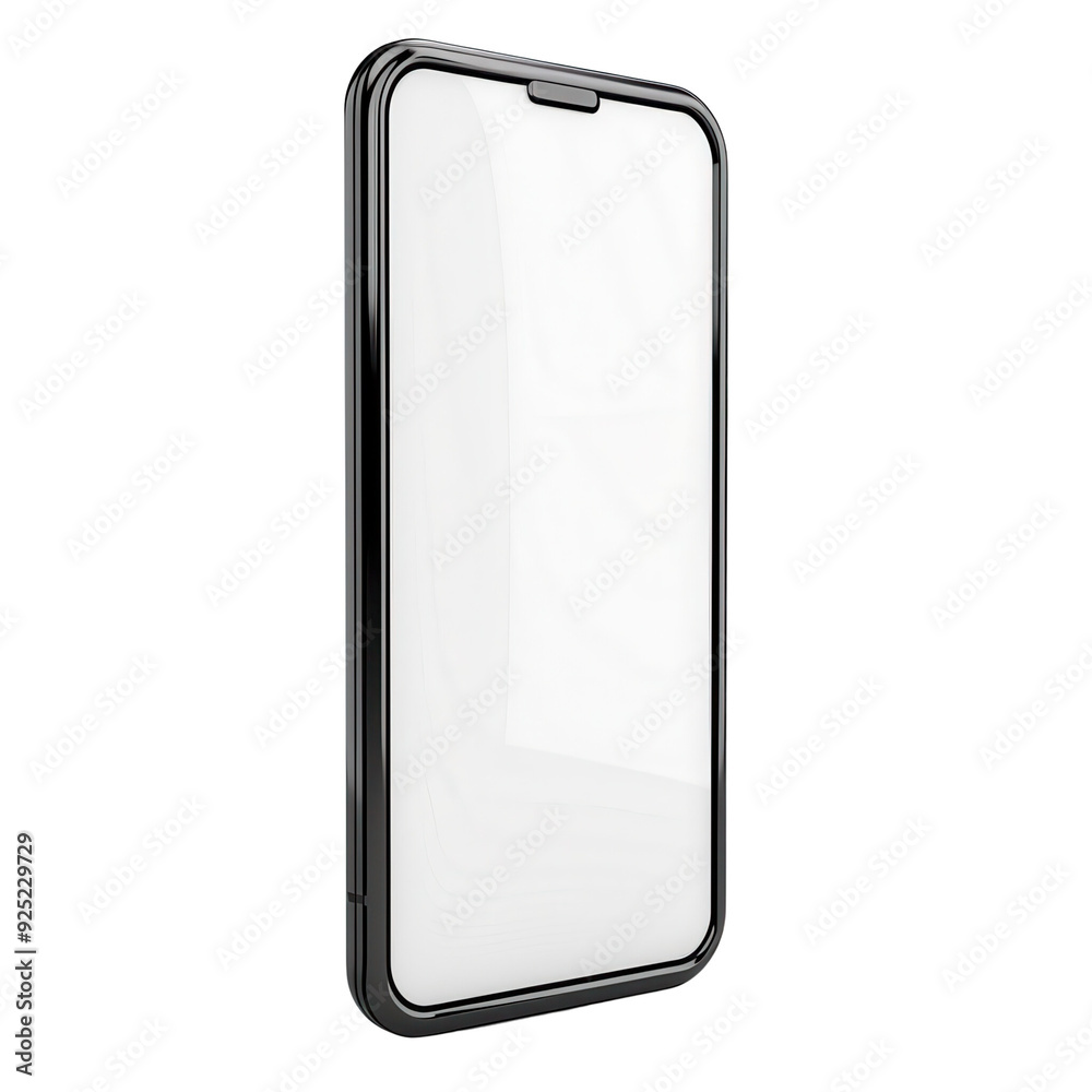 A black phone with a clear screen sits, transparent or white background A black phone with a clear screen sits, transparent or white background