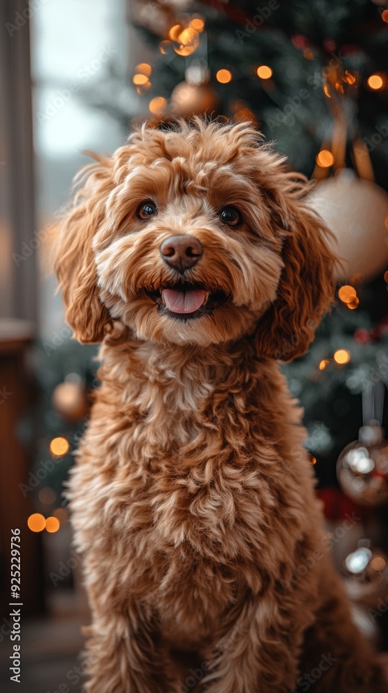 A cheerful labradoodle sits happily, gazing at the camera with a festive backdrop filled with twinkling lights and colorful ornaments A cheerful labradoodle sits happily, gazing at the camera with a festive backdrop filled with twinkling lights and colorful ornaments