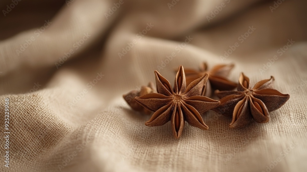 A trio of star anise spices lying on a soft, beige cloth, with a blurred, wooden table background A trio of star anise spices lying on a soft, beige cloth, with a blurred, wooden table background