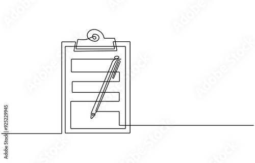 Clipboard with checklist and pen in one continuous line drawing. To do list with ticks and concept for test expertise and exam in simple linear style, Clipboard with checklist