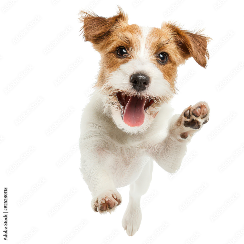 A dog is jumping in the air and has its tongue out, transparent or white background A dog is jumping in the air and has its tongue out, transparent or white background
