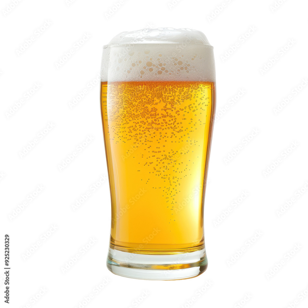 A glass of beer is full and foamy, transparent or white background
