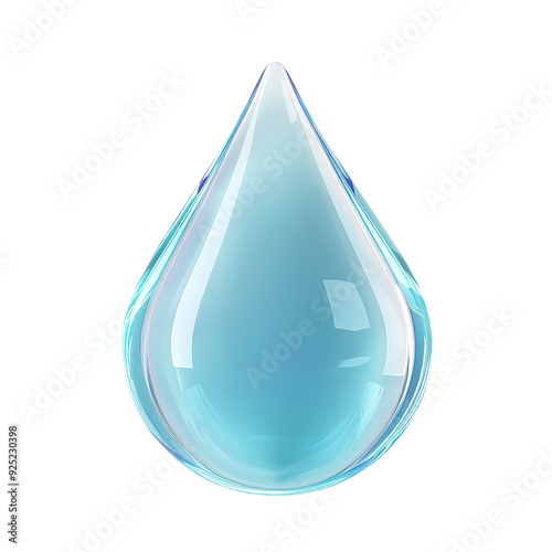 A blue drop of water is shown in a clear glass, transparent or white background
