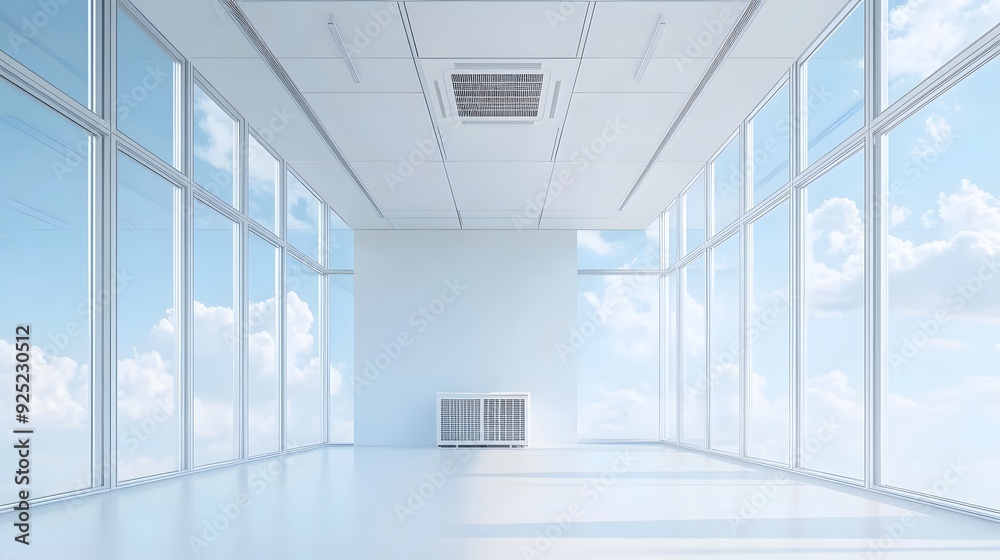 A white room with an air conditioner and large windows overlooking the city A white room with an air conditioner and large windows overlooking the city