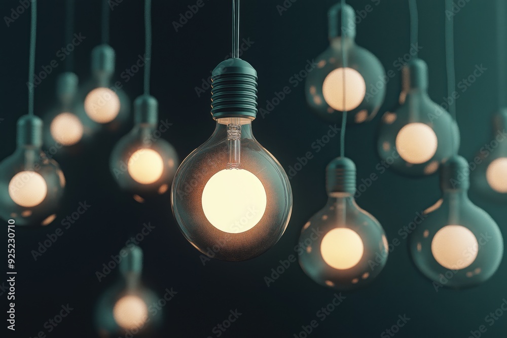 Illuminated Light Bulbs Hanging in Darkness Illuminated Light Bulbs Hanging in Darkness