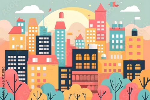 Colorful Cityscape Illustration with Buildings and Trees