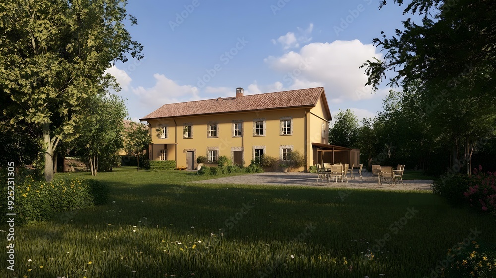 Beautiful Yellow House with Green Lawn and Patio Beautiful Yellow House with Green Lawn and Patio