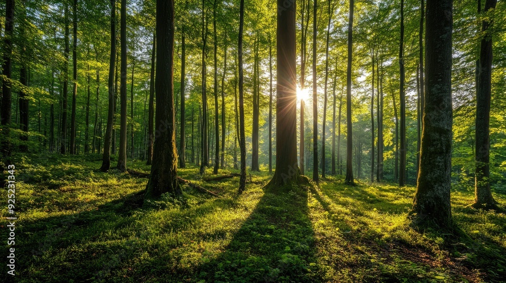 A vibrant forest of fresh green deciduous trees, with sunlight streaming through the leaves, creating a serene scene A vibrant forest of fresh green deciduous trees, with sunlight streaming through the leaves, creating a serene scene