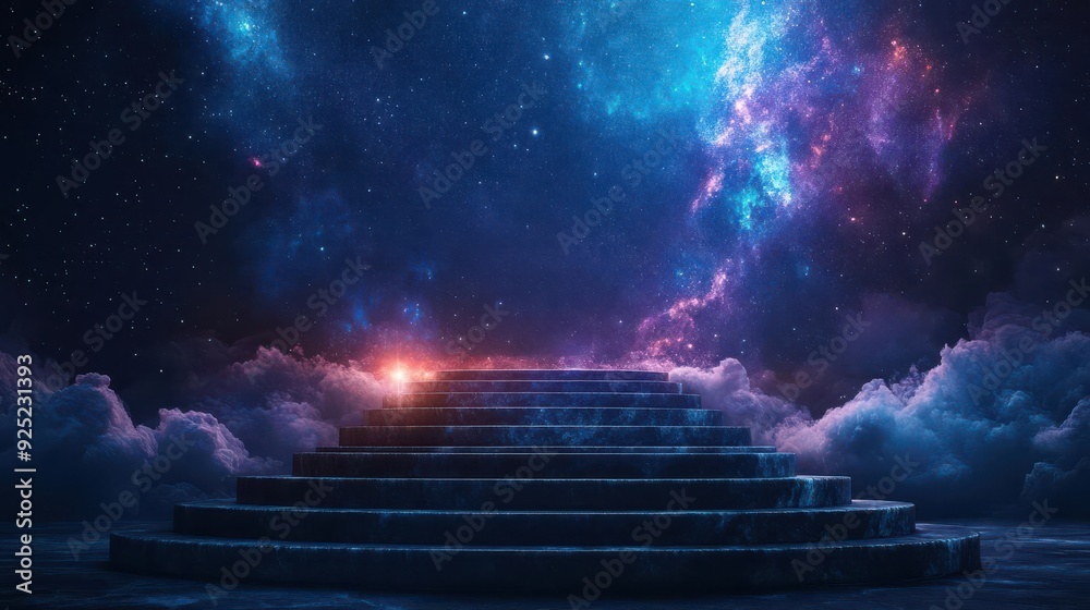 Podium with a starry night sky background, cosmic and infinite theme Podium with a starry night sky background, cosmic and infinite theme