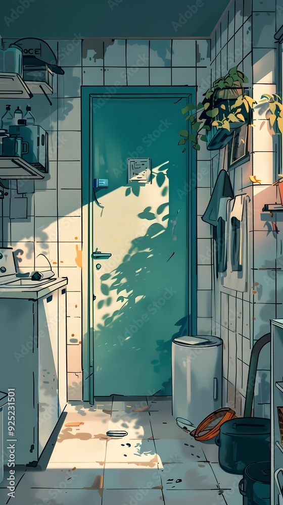 Obraz premium Green Door and Sunlit Tile Floor in A Laundry Room